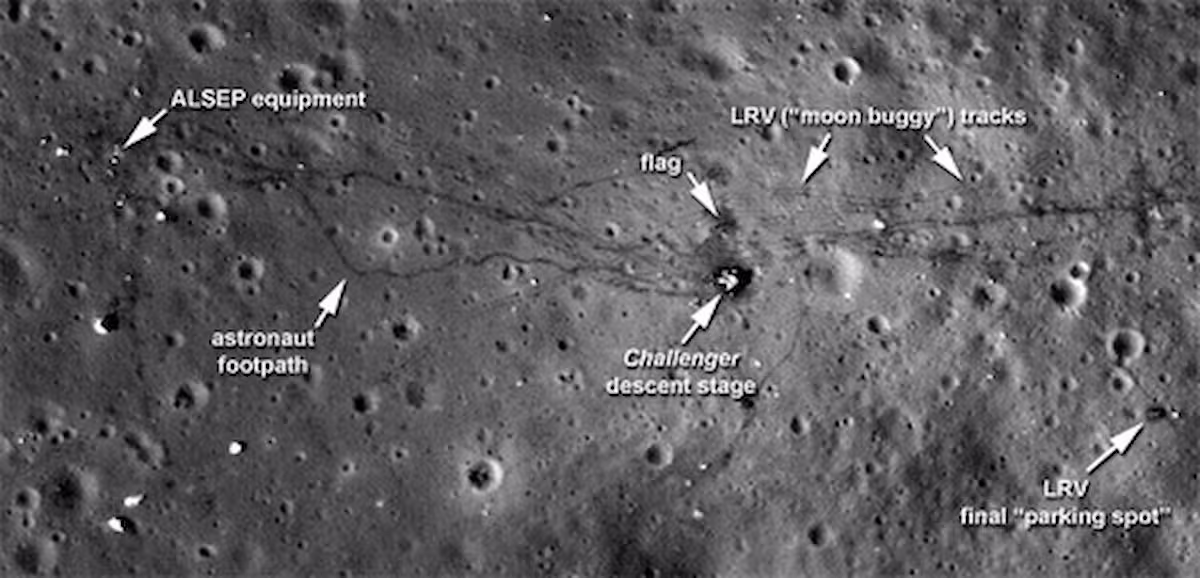 Apollo 17: pegadas, trilhas do moon buggy e o último módulo lunar na superfície.