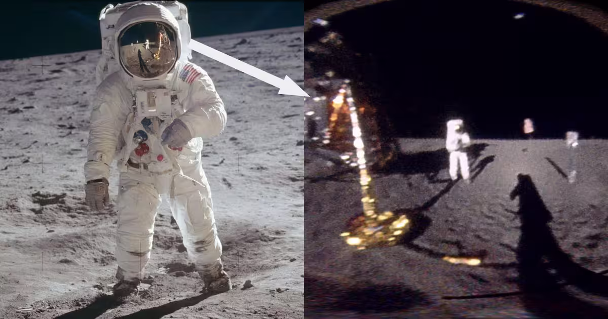 Buzz Aldrin na Lua – e no reflexo do visor, Neil Armstrong, o primeiro homem a pisar lá.
